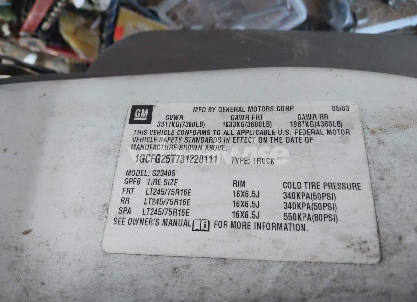 Photo 9 of 2003 Chevrolet Express (VIN 1GCFG25T731220111)