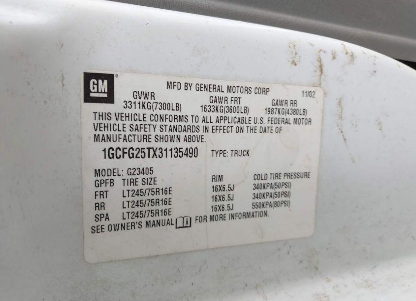 Photo 9 of 2003 Chevrolet Express (VIN 1GCFG25TX31135490)