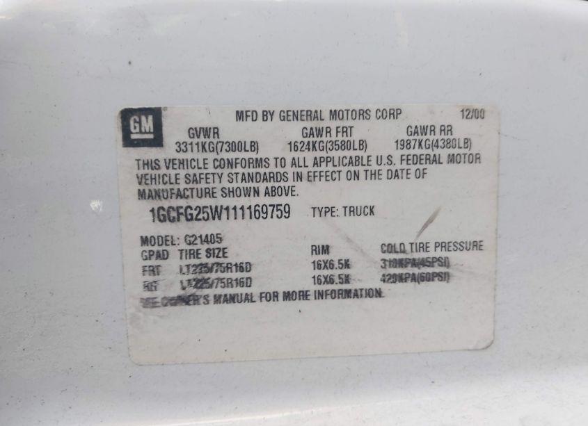Photo 9 of 2001 Chevrolet Express (VIN 1GCFG25W111169759)