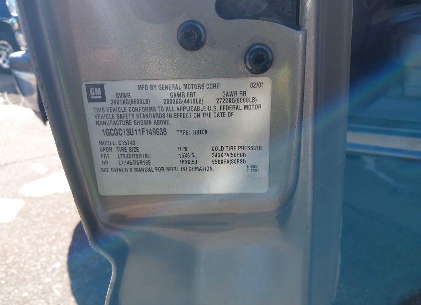 Photo 9 of 2001 Chevrolet Silverado 1500HD LT (VIN 1GCGC13U11F149638)