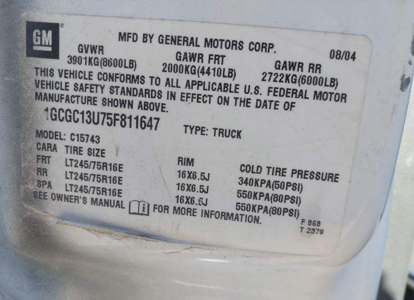 Photo 9 of 2005 Chevrolet Silverado 1500HD LS (VIN 1GCGC13U75F811647)