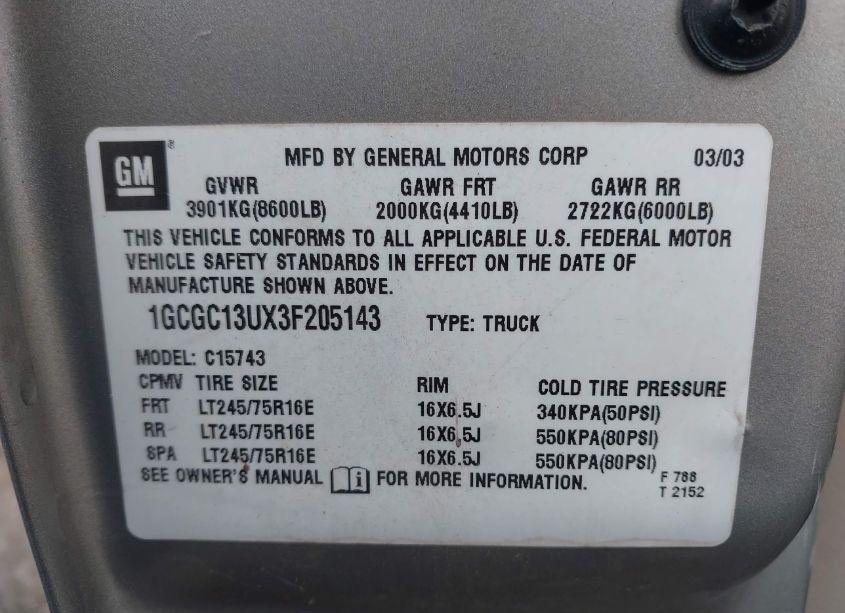 Photo 9 of 2003 Chevrolet Silverado 1500HD LS (VIN 1GCGC13UX3F205143)