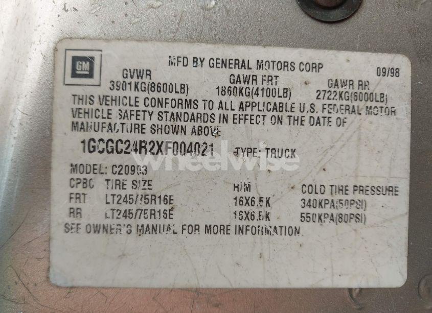 Photo 9 of 1999 Chevrolet C2500 (VIN 1GCGC24R2XF004021)