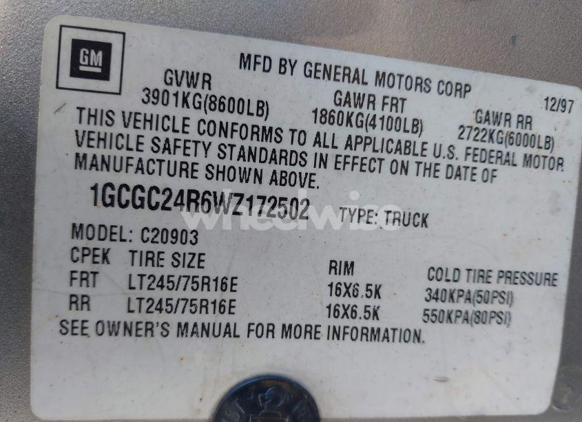 Photo 9 of 1998 Chevrolet C2500 FLEETSIDE (VIN 1GCGC24R6WZ172502)