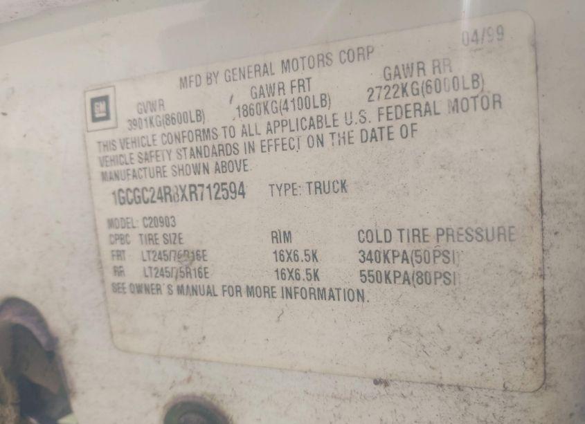 Photo 9 of 1999 Chevrolet C2500 (VIN 1GCGC24R8XR712594)