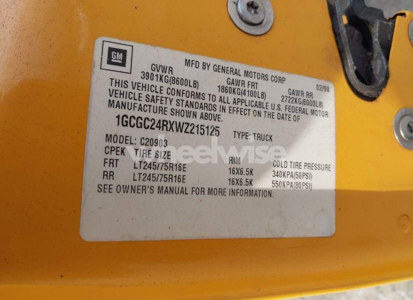 Photo 9 of 1998 Chevrolet C2500 FLEETSIDE (VIN 1GCGC24RXWZ215125)