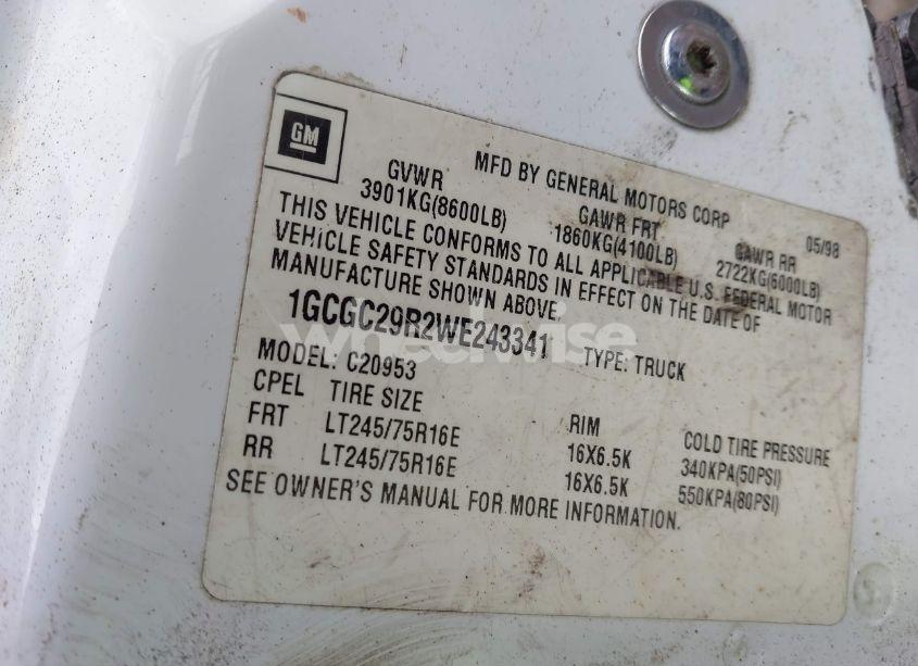 Photo 9 of 1998 Chevrolet C2500 FLEETSIDE (VIN 1GCGC29R2WE243341)