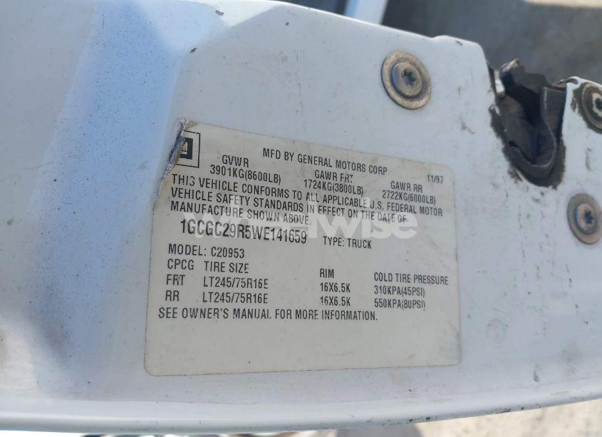 Photo 9 of 1998 Chevrolet C2500 FLEETSIDE (VIN 1GCGC29R5WE141659)
