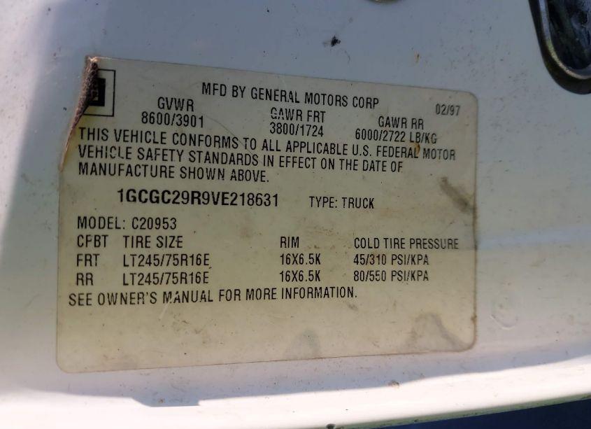 Photo 9 of 1997 Chevrolet C2500 HD FLEETSIDE (VIN 1GCGC29R9VE218631)