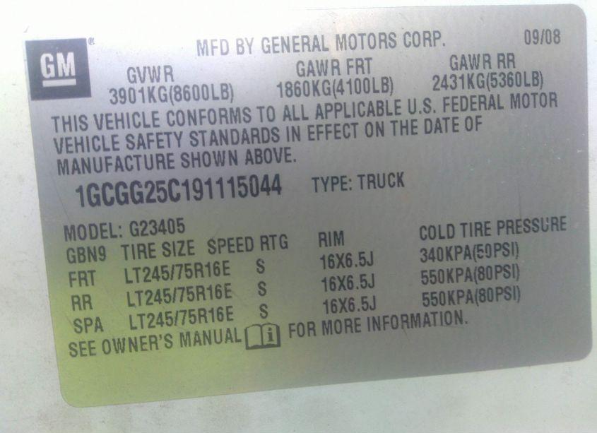 Photo 9 of 2009 Chevrolet Express 2500 WORK VAN (VIN 1GCGG25C191115044)