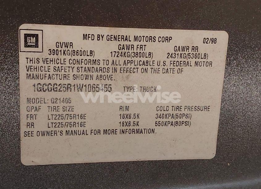 Photo 9 of 1998 Chevrolet Chevy VAN G2500 (VIN 1GCGG25R1W1065455)