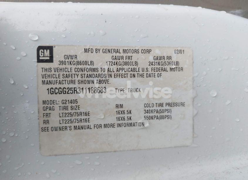 Photo 9 of 2001 Chevrolet Express (VIN 1GCGG25R311188683)