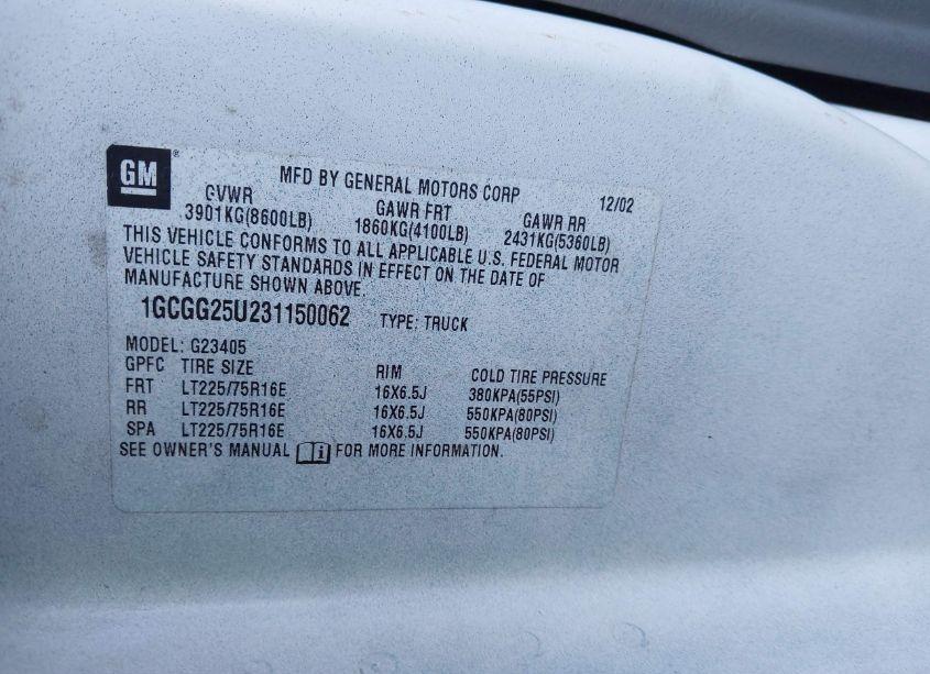 Photo 9 of 2003 Chevrolet Express (VIN 1GCGG25U231150062)