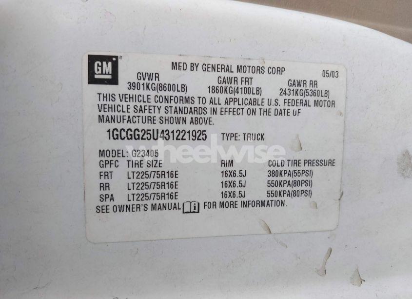 Photo 9 of 2003 Chevrolet Express (VIN 1GCGG25U431221925)