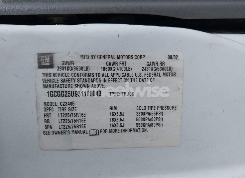 Photo 9 of 2003 Chevrolet Express (VIN 1GCGG25U931106043)