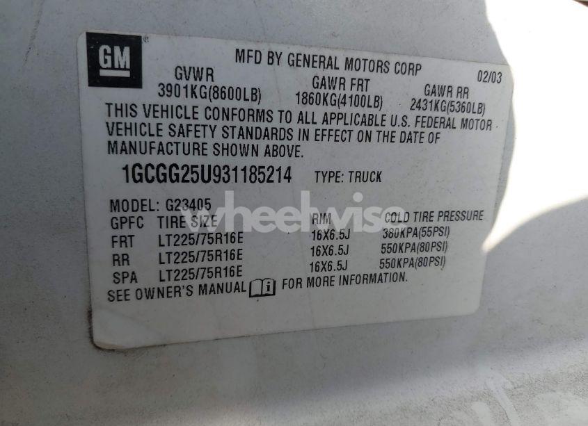 Photo 9 of 2003 Chevrolet Express (VIN 1GCGG25U931185214)