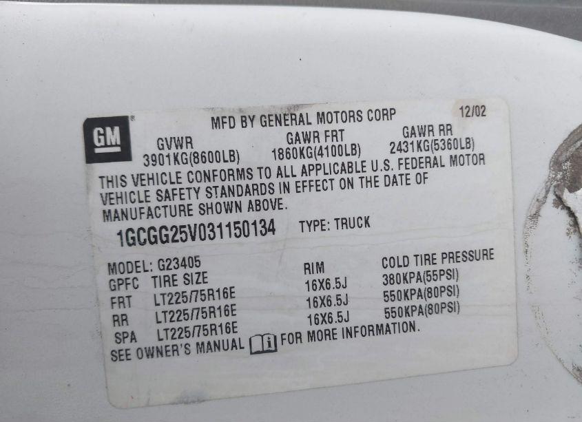 Photo 9 of 2003 Chevrolet Express (VIN 1GCGG25V031150134)