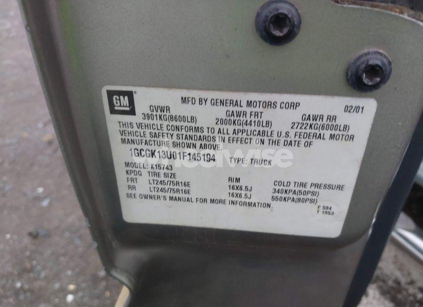 Photo 9 of 2001 Chevrolet Silverado 1500HD LS (VIN 1GCGK13U01F145194)