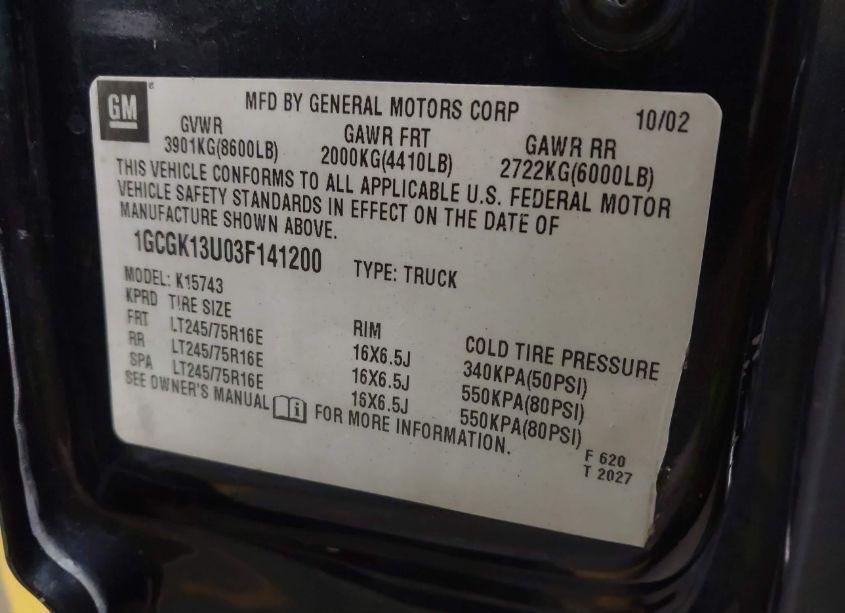 Photo 9 of 2003 Chevrolet Silverado 1500HD LT (VIN 1GCGK13U03F141200)