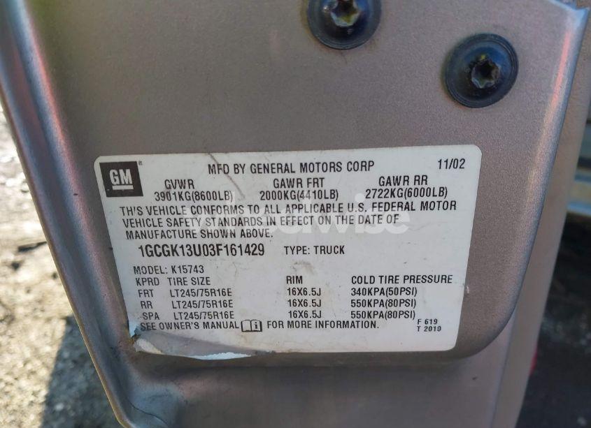 Photo 9 of 2003 Chevrolet Silverado 1500HD LT (VIN 1GCGK13U03F161429)