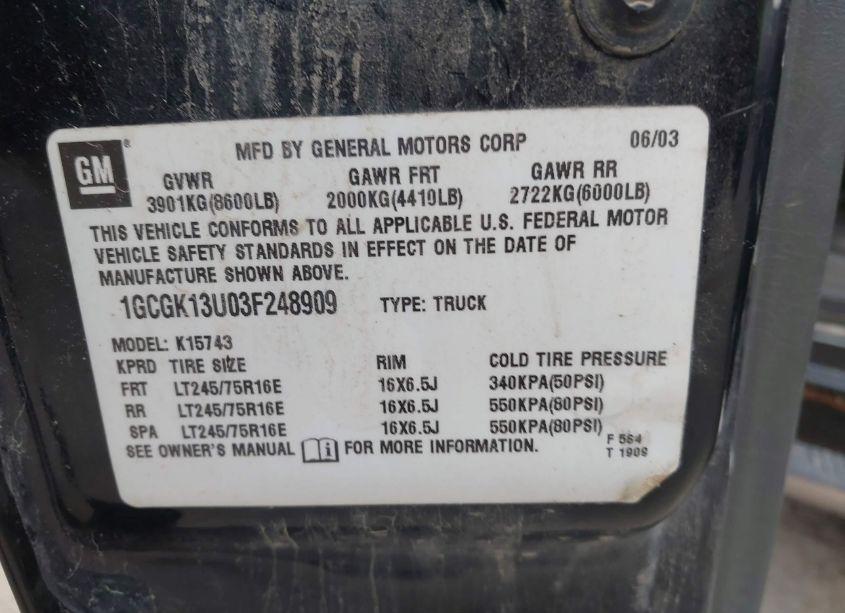 Photo 9 of 2003 Chevrolet Silverado 1500HD LS (VIN 1GCGK13U03F248909)