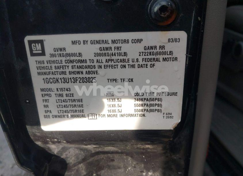 Photo 9 of 2003 Chevrolet Silverado 1500HD LT (VIN 1GCGK13U13F203025)