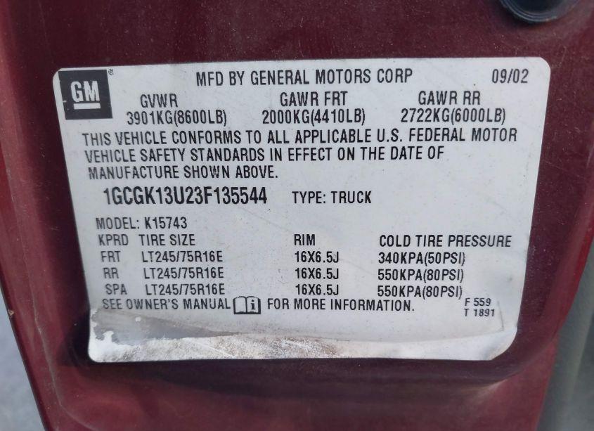 Photo 9 of 2003 Chevrolet Silverado 1500HD LS (VIN 1GCGK13U23F135544)