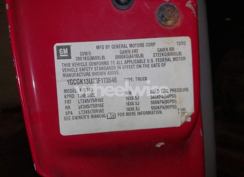 Photo 9 of 2003 Chevrolet Silverado 1500HD LT (VIN 1GCGK13U23F173548)