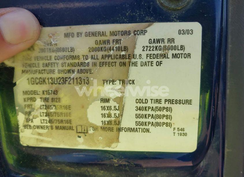 Photo 9 of 2003 Chevrolet Silverado 1500HD LS (VIN 1GCGK13U23F211313)