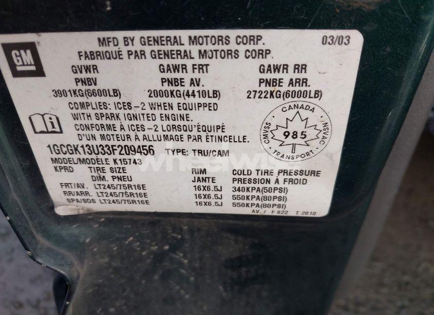 Photo 9 of 2003 Chevrolet Silverado 1500HD (VIN 1GCGK13U33F209456)