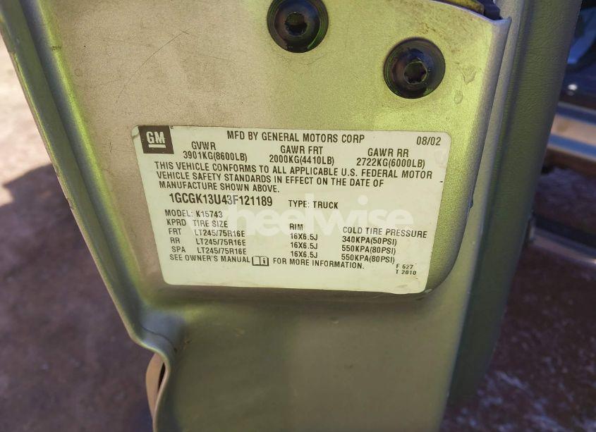 Photo 9 of 2003 Chevrolet Silverado 1500HD LS (VIN 1GCGK13U43F121189)