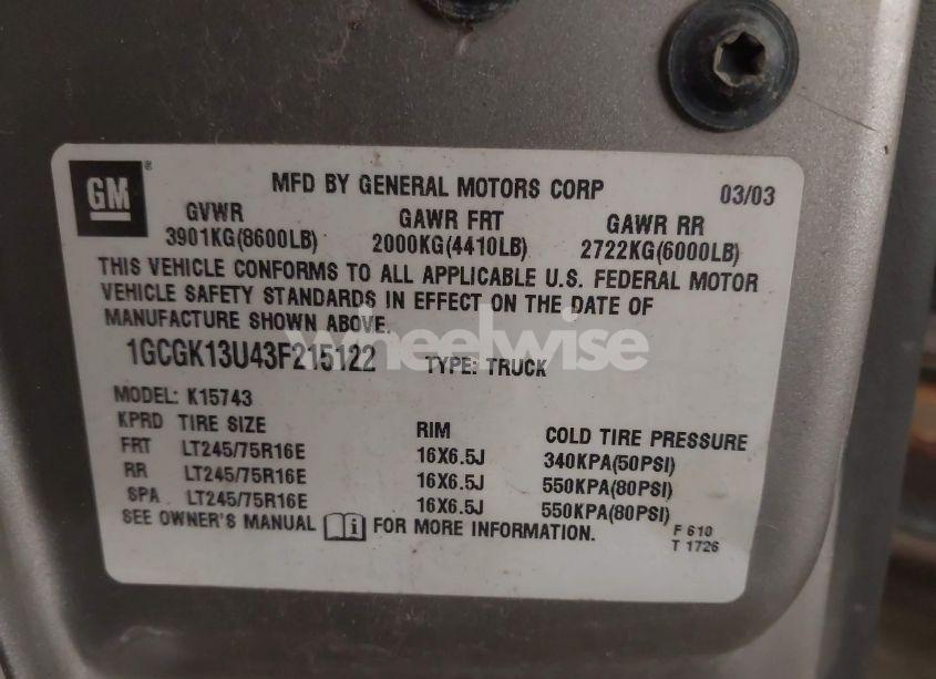 Photo 9 of 2003 Chevrolet Silverado 1500HD LT (VIN 1GCGK13U43F215122)