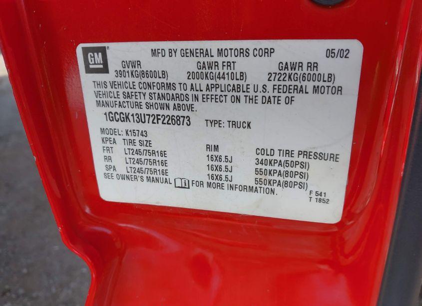 Photo 9 of 2002 Chevrolet Silverado 1500HD LS (VIN 1GCGK13U72F226873)