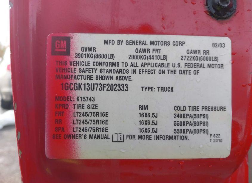 Photo 9 of 2003 Chevrolet Silverado 1500HD LT (VIN 1GCGK13U73F202333)