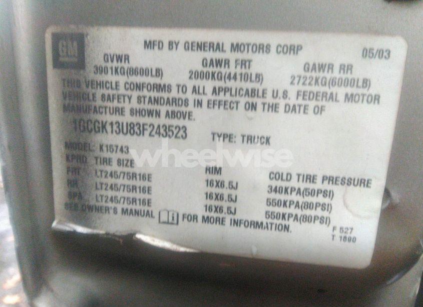 Photo 9 of 2003 Chevrolet Silverado 1500HD LS (VIN 1GCGK13U83F243523)