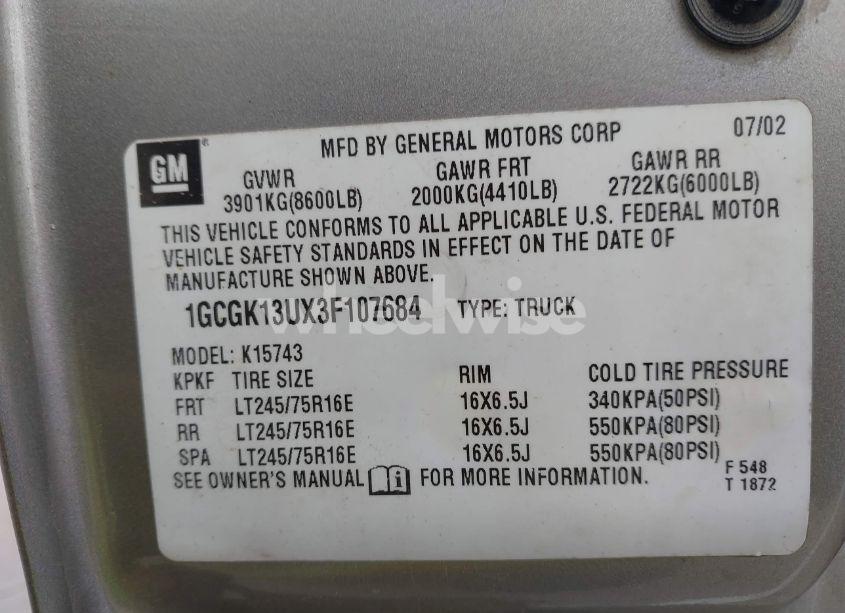 Photo 9 of 2003 Chevrolet Silverado 1500HD LS (VIN 1GCGK13UX3F107684)