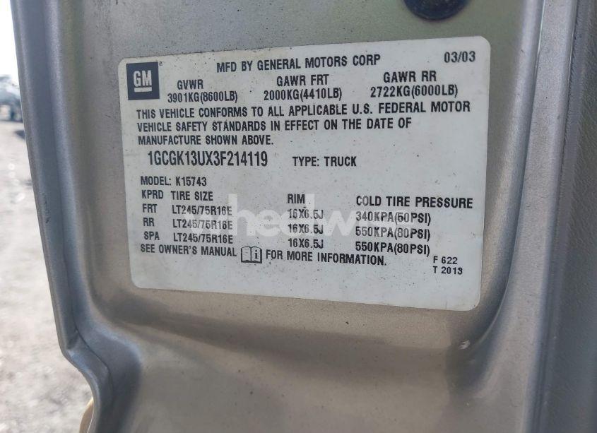 Photo 9 of 2003 Chevrolet Silverado 1500HD LT (VIN 1GCGK13UX3F214119)