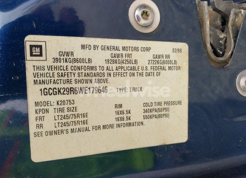 Photo 9 of 1998 Chevrolet K2500 FLEETSIDE (VIN 1GCGK29R6WE179646)