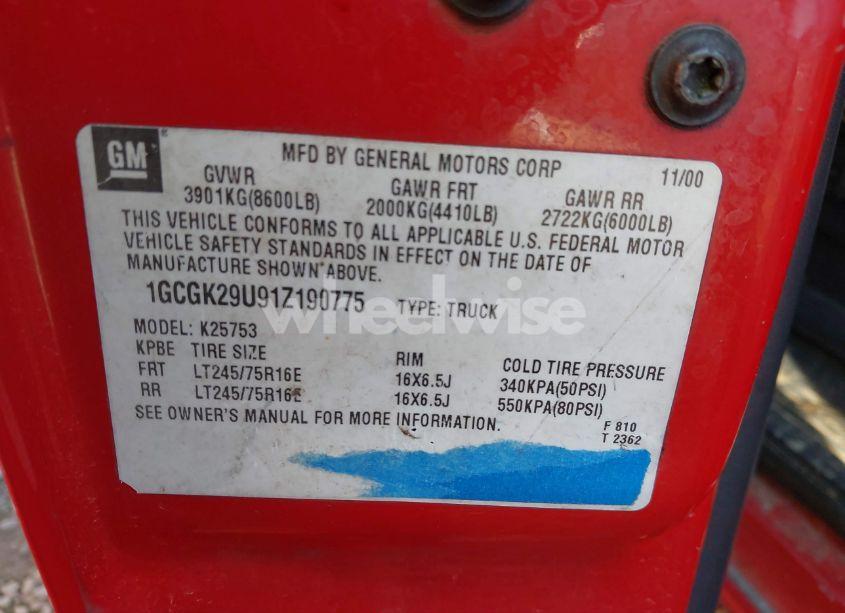 Photo 9 of 2001 Chevrolet Silverado 2500 LT (VIN 1GCGK29U91Z190775)