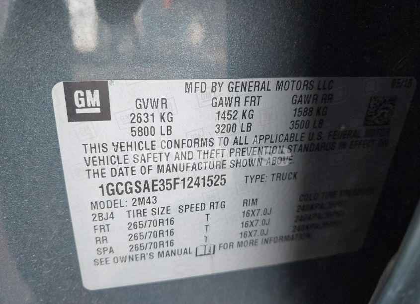 Photo 9 of 2015 Chevrolet Colorado WT (VIN 1GCGSAE35F1241525)