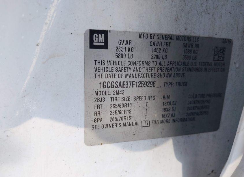 Photo 9 of 2015 Chevrolet Colorado WT (VIN 1GCGSAE37F1259296)