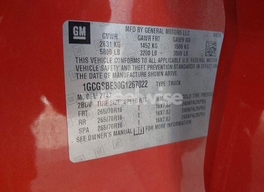 Photo 9 of 2016 Chevrolet Colorado WT (VIN 1GCGSBE30G1267022)