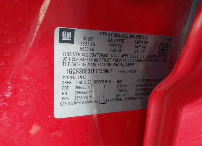 Photo 9 of 2015 Chevrolet Colorado LT (VIN 1GCGSBE31F1133960)