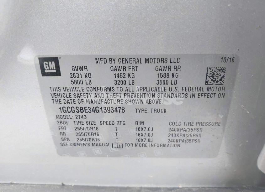 Photo 9 of 2016 Chevrolet Colorado WT (VIN 1GCGSBE34G1393478)