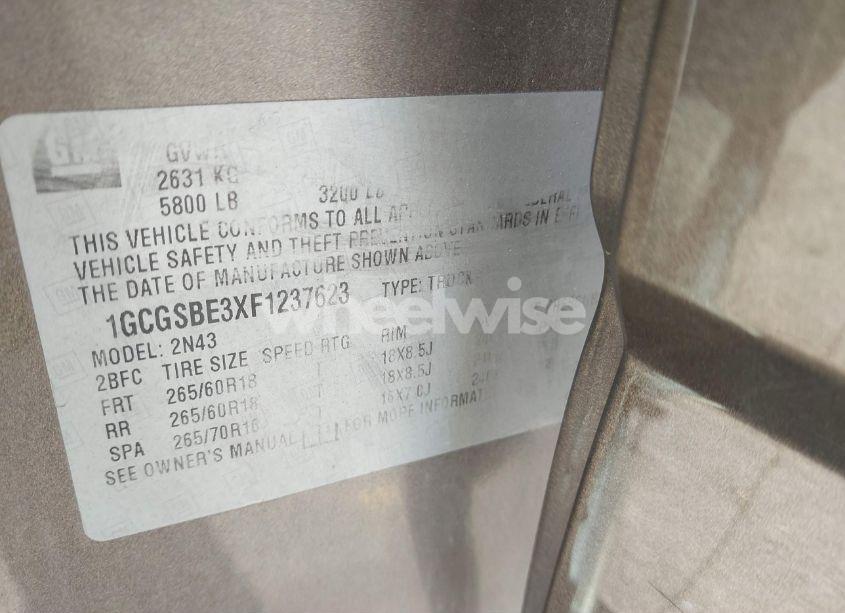 Photo 9 of 2015 Chevrolet Colorado LT (VIN 1GCGSBE3XF1237623)