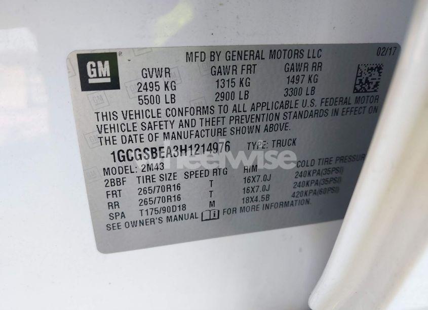 Photo 9 of 2017 Chevrolet Colorado WT (VIN 1GCGSBEA3H1214976)