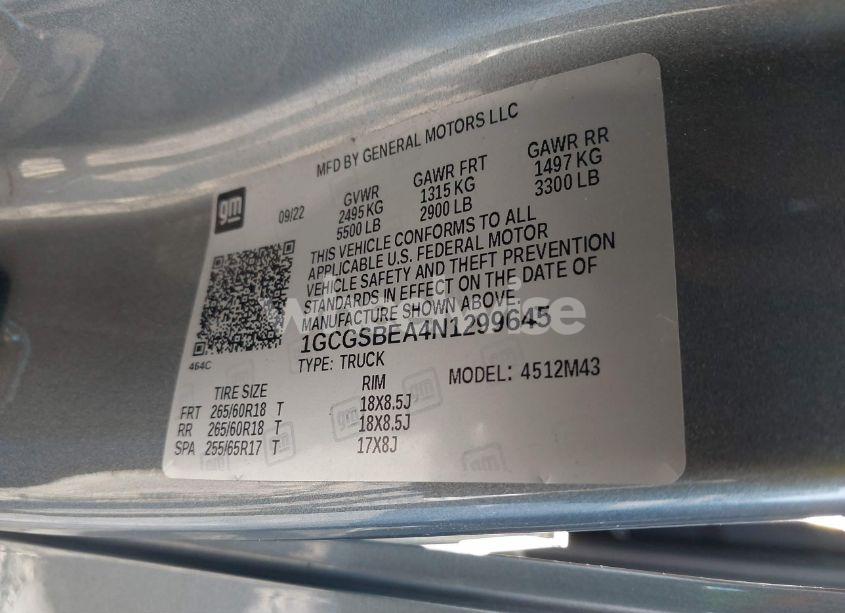 Photo 9 of 2022 Chevrolet Colorado 2WD SHORT BOX WT (VIN 1GCGSBEA4N1299645)