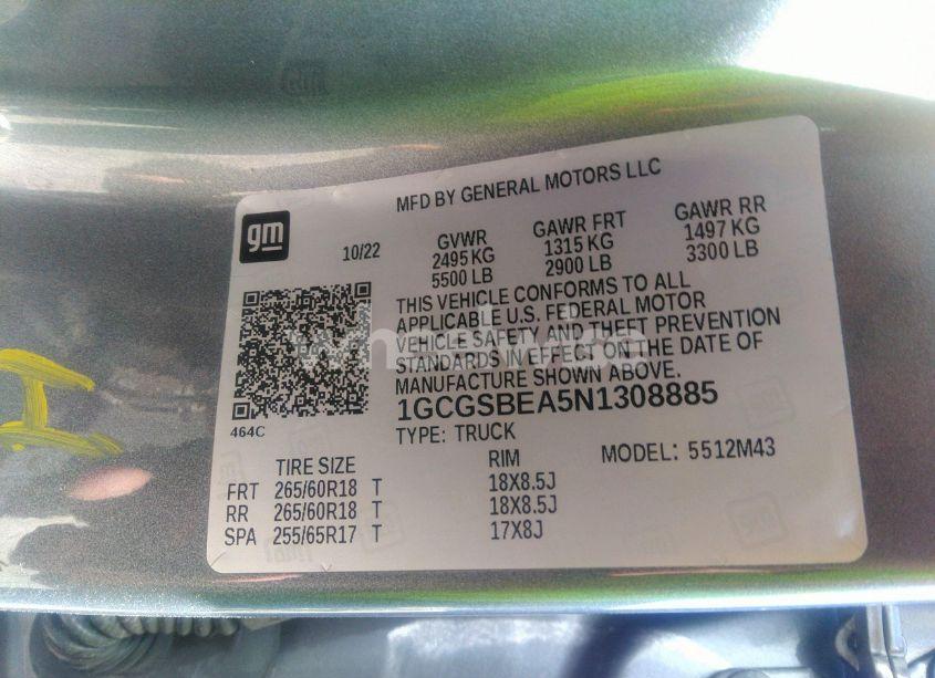 Photo 9 of 2022 Chevrolet Colorado 2WD SHORT BOX WT (VIN 1GCGSBEA5N1308885)