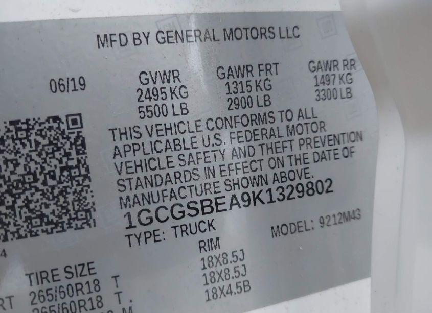 Photo 9 of 2019 Chevrolet Colorado WT (VIN 1GCGSBEA9K1329802)