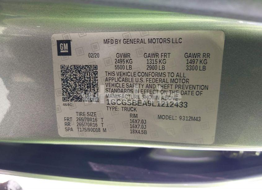 Photo 9 of 2020 Chevrolet Colorado 2WD SHORT BOX WT (VIN 1GCGSBEA9L1212433)